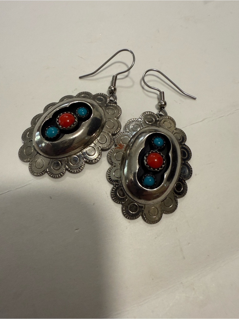 Silver-Tone Dangle Earrings with Turquoise and Coral Stones